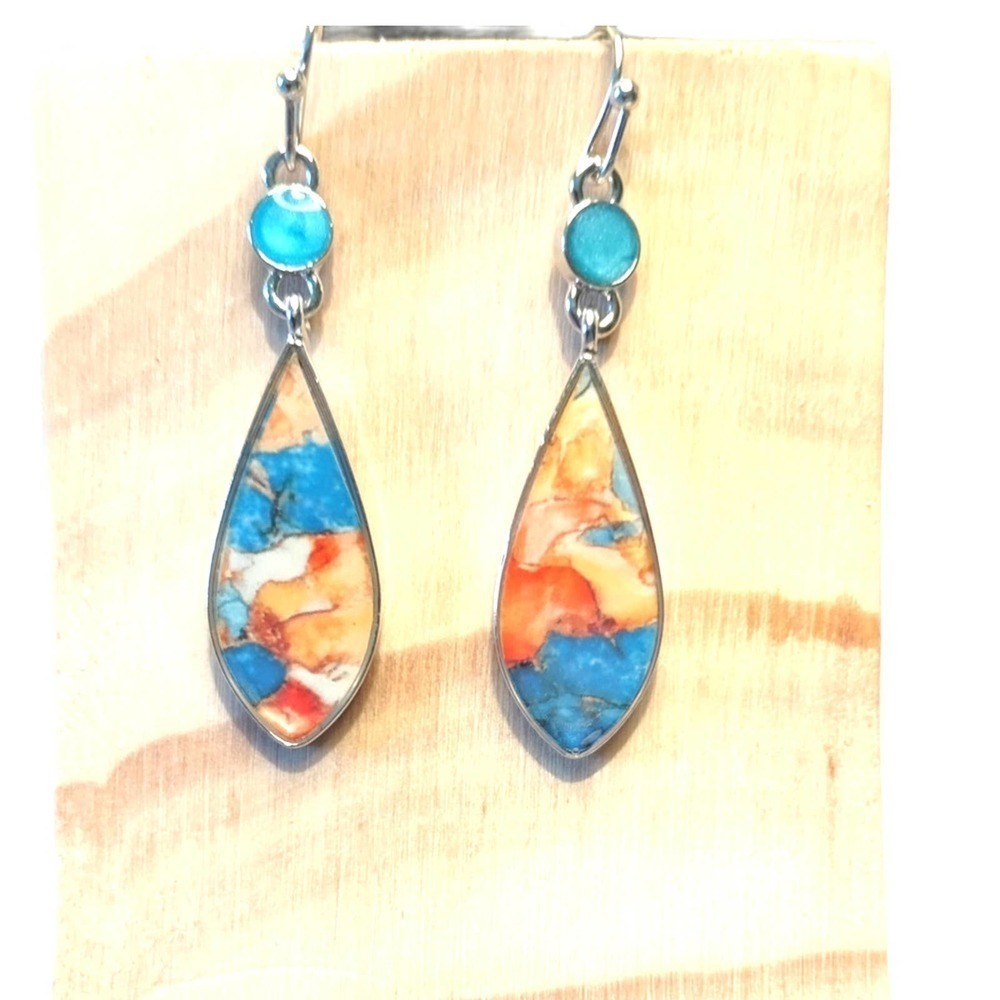 NEW HAND PAINTED SILVER DANGLE DROP EARRINGS BLUE ORANGE GLASS EARRINGS DANGLE - Picture 4 of 5
